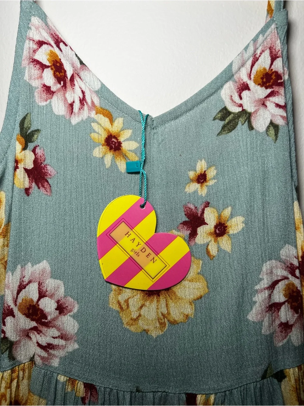 Hayden Girls Sleeveless Floral Sundress in Dusty Blue with Yellow & Pink Flowers